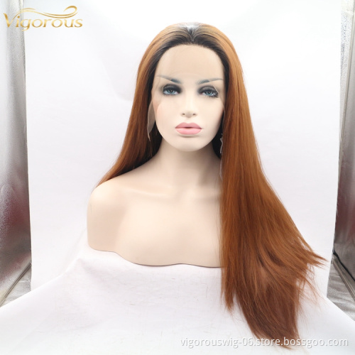 Silky Straight Wave Pre Plucked Ombre Brown Women Premium High Quality Suppier Heat Resistant Synthetic Wig 13x3 Lace Frontal
